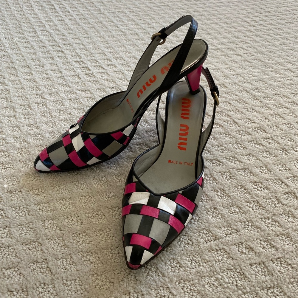 🎉HP🎉  MIU MIU slingback woven leather kitten heel pumps, size EU 36 - Picture 3 of 11